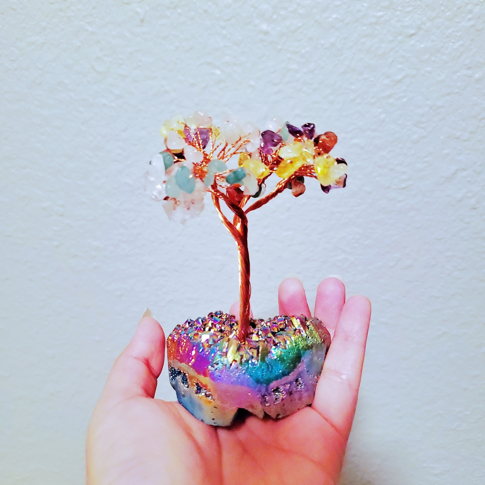 Multi-Gemstone Natural Tree of Life with Rainbow Quartz Base